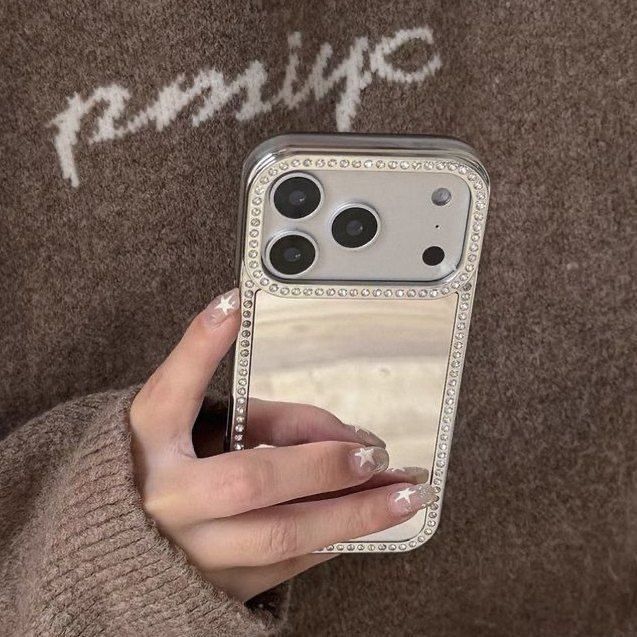 Luxury Electroplating Makeup Mirror Case For iPhone 17 16 15 14 18 Pro Max Samsung Galaxy S26 S25 S24 S23 Glitter Diamond Border Protection Back