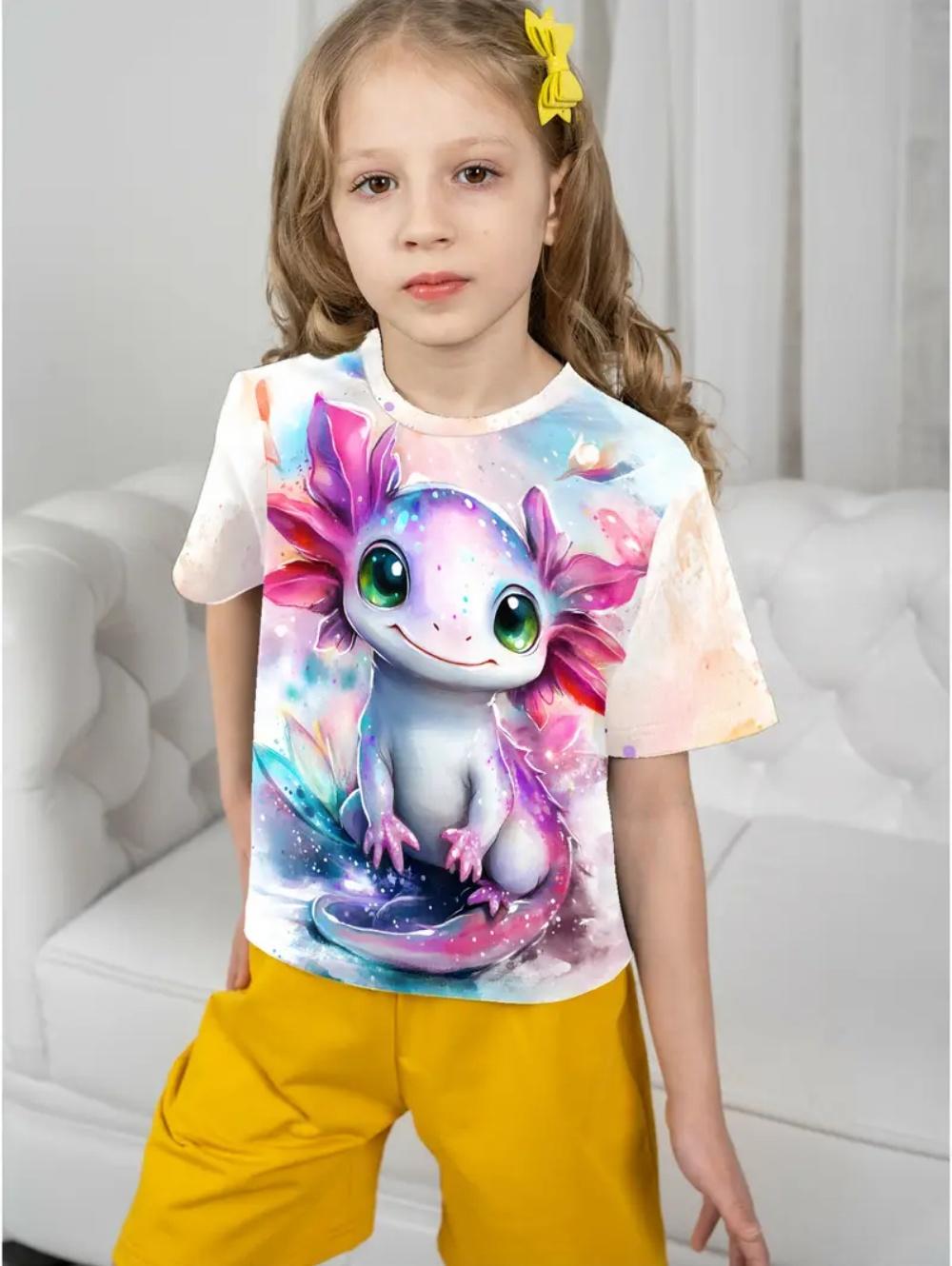 Kinder Mädchen Kleidung Kawaii Axolotl 3D Druck Cartoon T-Shirt für Mädchen Sommer Kurzarm T-Shirt Lässiges Lockeres Oberteil Kinder T-Shirt 140 white