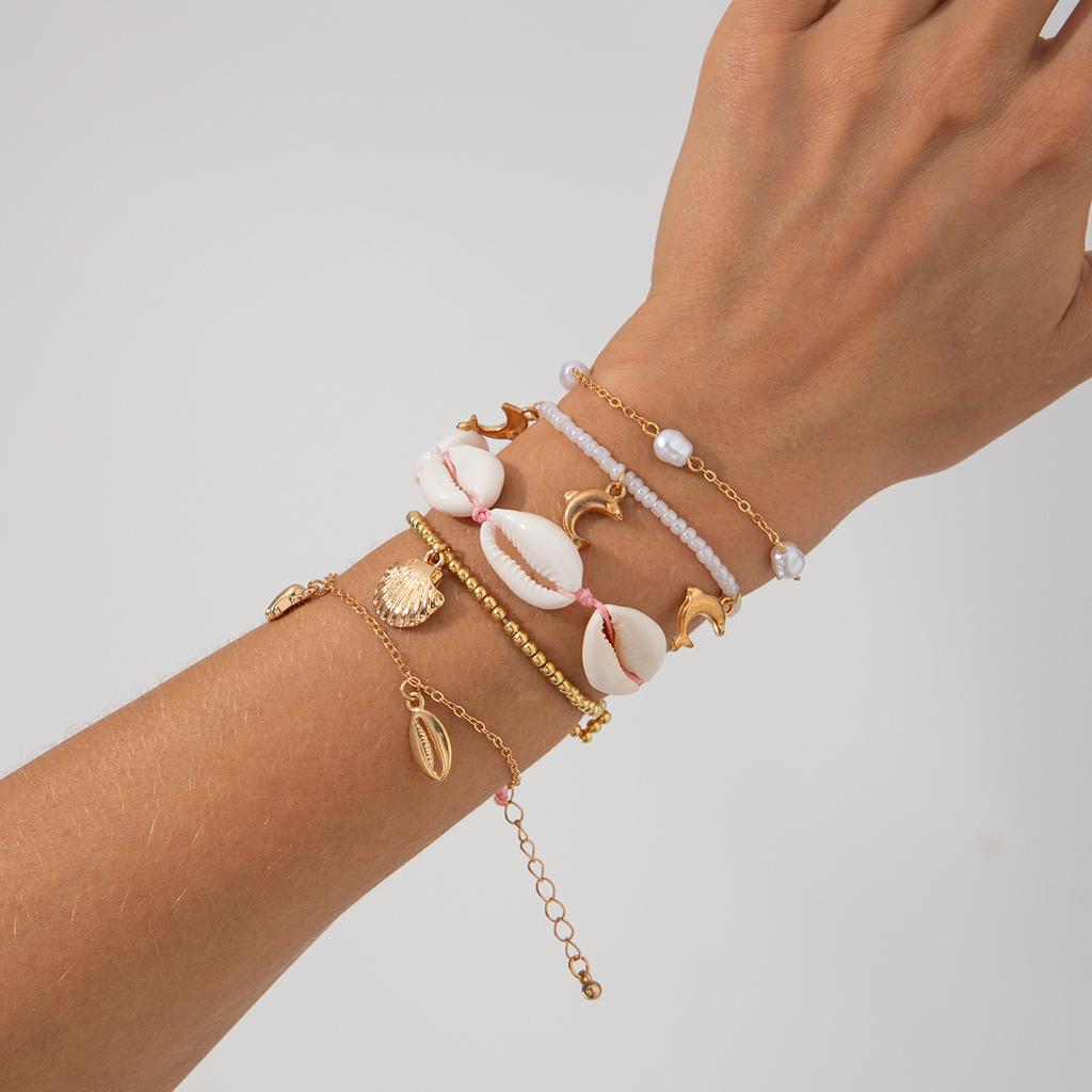 Bohemian Starfish Scallop Shell Bracelet, Ocean Wind Dolphin Imitation Pearl Rice Beads Stacked Jewelry