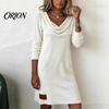 Comfortable Daily Dress Cowl Neck Knit for Women, Long Sleeve Ribbed Stylish Casual Women Mini Sweater Dress, Fall Spring Outfits Beach