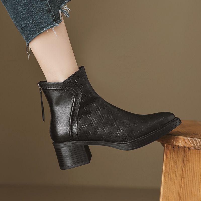 Módní kožené dámské kotníkové boty s fleecovou podšívkou Elegantní luxusní Y2k boty na podpatku Dámské krátké boty Novinka podzim zima Špičaté kotníkové boty