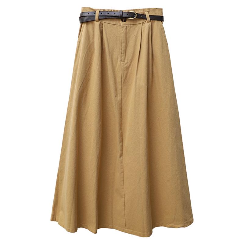Versatile Washed Cotton Midi Skirt - High Waist, Solid Color, Double Pockets, Slimming A-line for Women, Early Autumn.