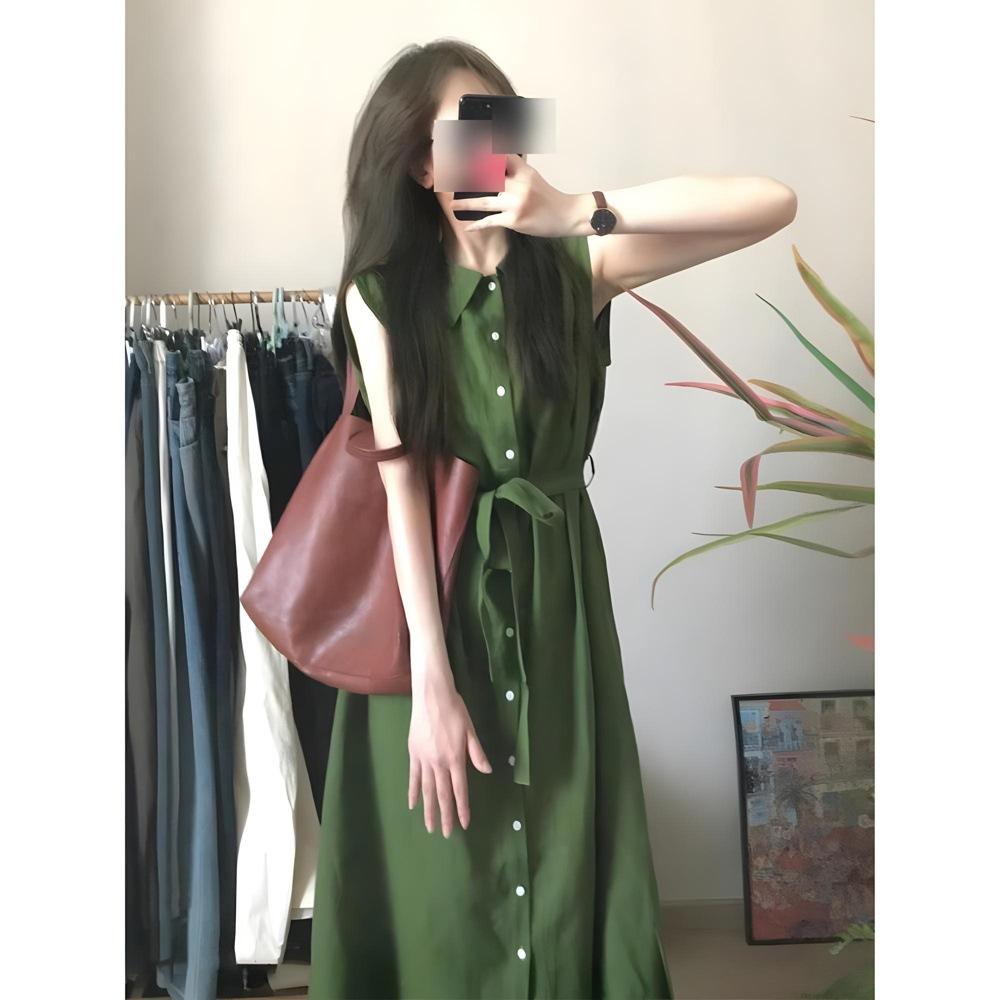 French green sleeveless POLO collar shirt dress children's simple and generous cotton and linen high-end feeling lazy and loose summer