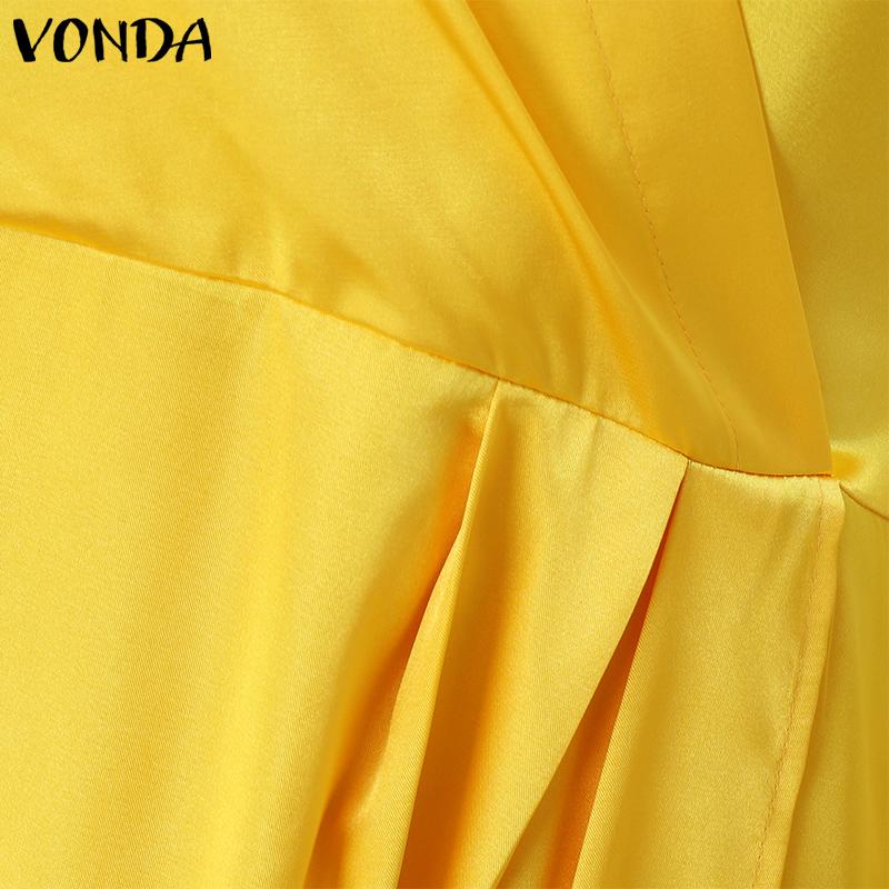 VONDA Vestido camisero de manga larga de satén con abertura en color liso a la moda para mujer