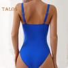 Einteiliger Badeanzug für Damen, Sommer, tiefer V-Ausschnitt, plissiert, einfarbig, Monokini, schnell trocknende Badebekleidung, Strandmode