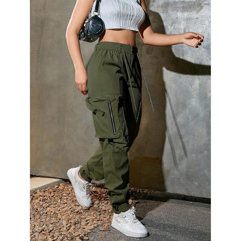 Damen High Waist Cargo-Hose Mehrere Taschen Reißverschluss Lässig Streetwear Jogginghose