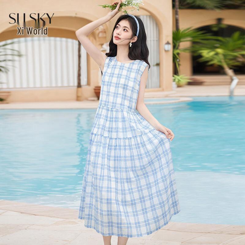 Sllsky Women s Blue & White Plaid Sleeveless Dress XL