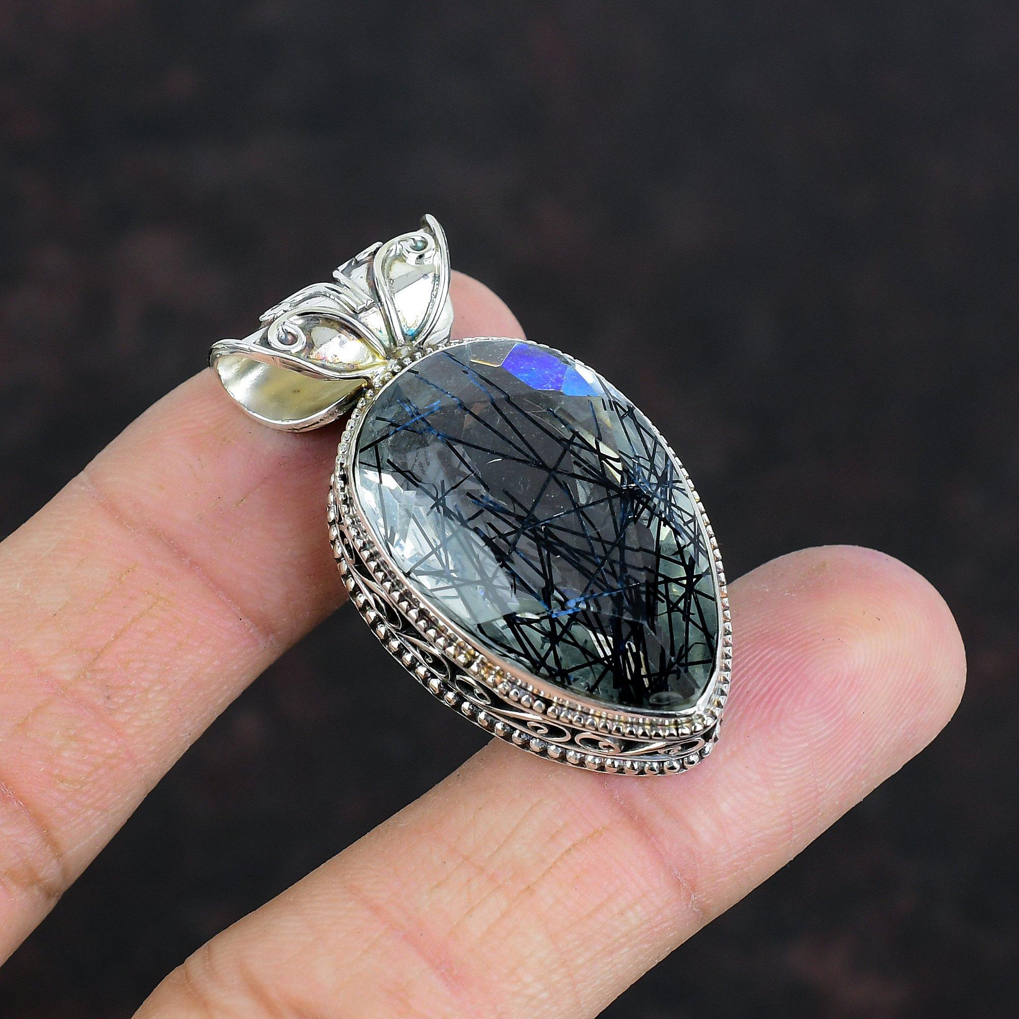 

Подвеска из граненого черного рутила, серебряная подвеска 925 пробы, ювелирное изделие ручной работы, подвеска из натурального драгоценного камня, очень красивая винтажная подвеска, свадебные подарки