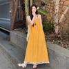 Lazy and relaxed yellow fringed suspender white dress seaside vacation temperament long dress beautiful beach dress summer