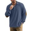 Autumn Winter Men Waffle Rib Knit Polo Shirts Contrast Suede Elbow Patches Lapel Collar Button Placket Vintage Long Sleeve Corduroy Textured Tops