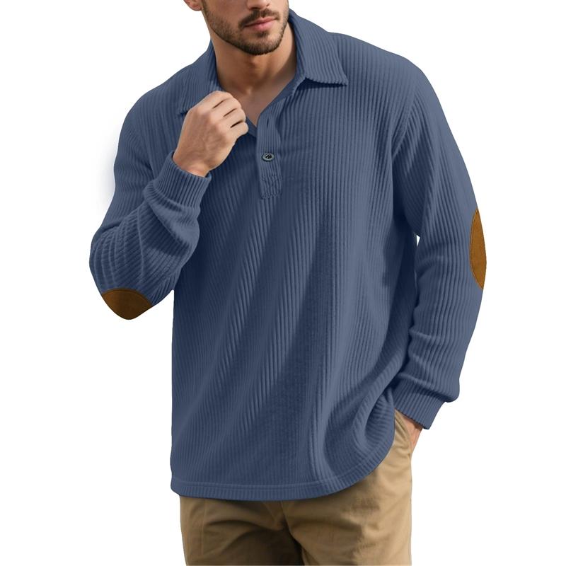 Autumn Winter Men Waffle Rib Knit Polo Shirts Contrast Suede Elbow Patches Lapel Collar Button Placket Vintage Long Sleeve Corduroy Textured Tops