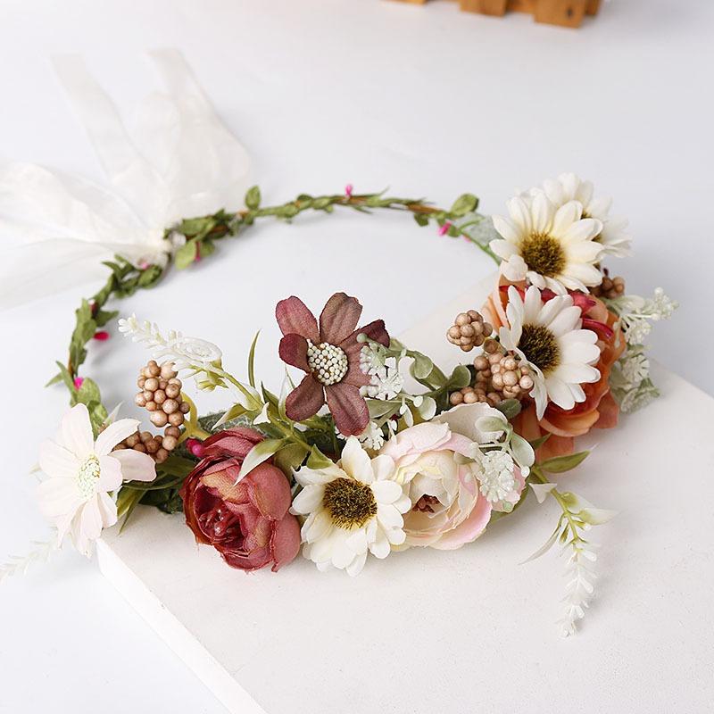 Bridal Flower Crown - Pink White Floral Wreath for Wedding, Fairy Aura Headpiece, Boho Bridal Shower Hair Accessories