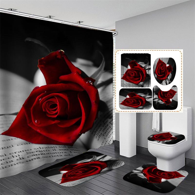 20 barev Rose Print 3D sprchový závěs s háčky Vodotěsný Koupelnový závěs Protiskluzová sada podložek do vany Toaletní koberečky Koberec Domácí dekorace