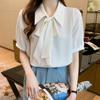 2025 Summer Petite White Chiffon Blouse with Short Sleeves, Korean Ribbon Style