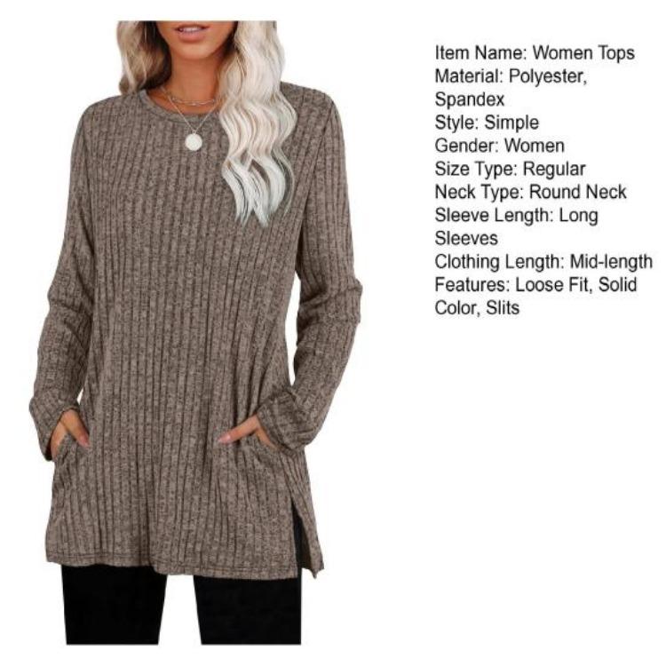 Women Long Sleeve Knit Tops Casual Solid Color Striped Blouse with Side Pocket
