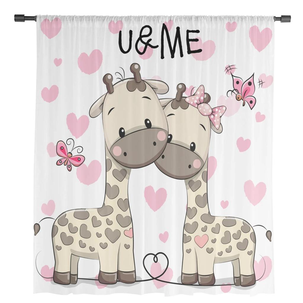 Cartoon-Giraffen lieben Schmetterlinge, Tüll-Vorhänge für Wohnzimmer, Vorhänge, Fenster, transparente moderne Vorhänge für Schlafzimmer-Dekoration