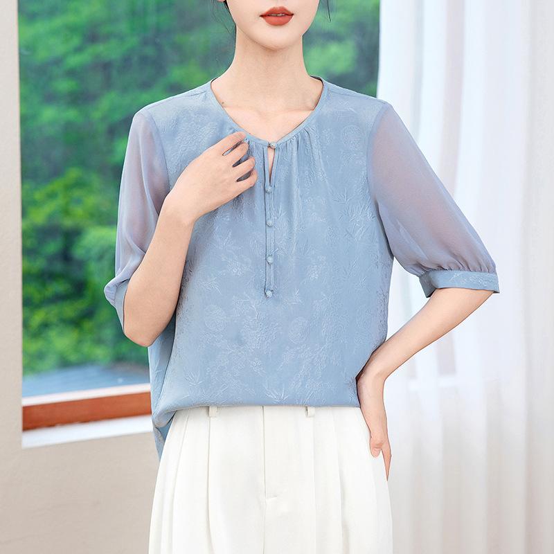 Silk shirt women's  dress new silk shirt temperament round neck age-reducing mulberry silk short-sleeved top