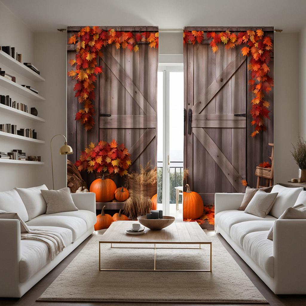2pcs HD Thanksgiving rattan Maple Leaf wooden door pumpkin decorative curtain Coffee color digital printing curtain Home deco