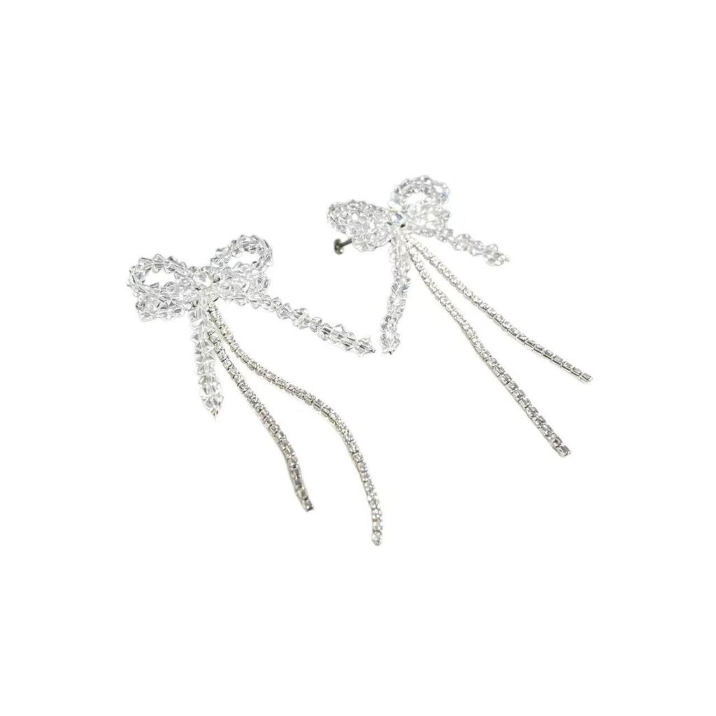 Elegant Korean Zirconia Bow Tassel Stud Earrings for Women