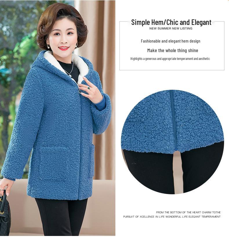 2025 Stylish Winter Coat for Middle-Aged Women: Plus Size, Hooded, Thickened Fleece Jacket with Velvet, Autumn/Winter