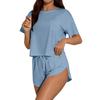Women's Pajama Set Short Sleeve Striped Printed Two-piece Loungewear  Neck Pajamas Split Shorts Set Soft Sleepwear