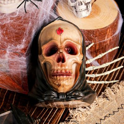 Realistic Human Skull Model Retro Resin Skull Head Statue with Hood Spooky Halloween Home Desktop Figurine Decoration