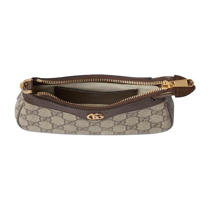Gucci Ophidia Double G Gold Hardware Brown Leather Trim Handbag Mini Women's Beige and Ebony