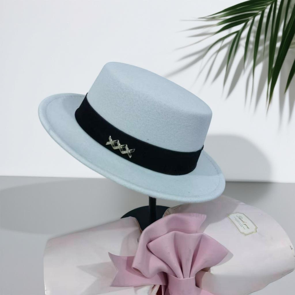 Top Hat Autumn and Winter Flat Hat French Retro Fashion Felt Hat Fashion Versatile Flat Elegant Hat Women's Winter Self-operated
