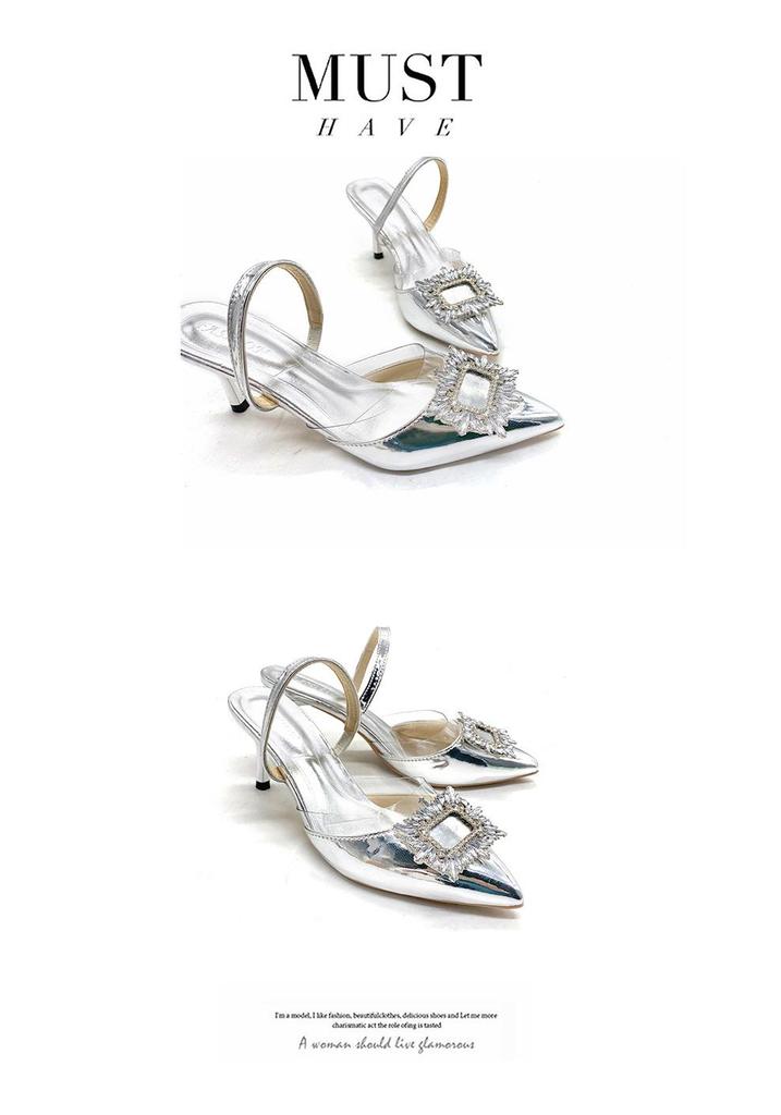 2023 Summer Rhinestone Stiletto Heels: Pointed Toe, Slip-on, Square Buckle, Closed-toe Sandals