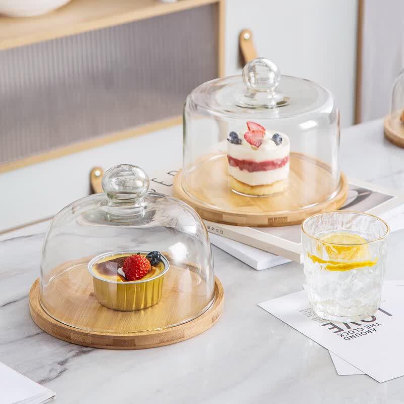 Chenxuan High-Foot Bamboo Cake Stand with Glass Dome