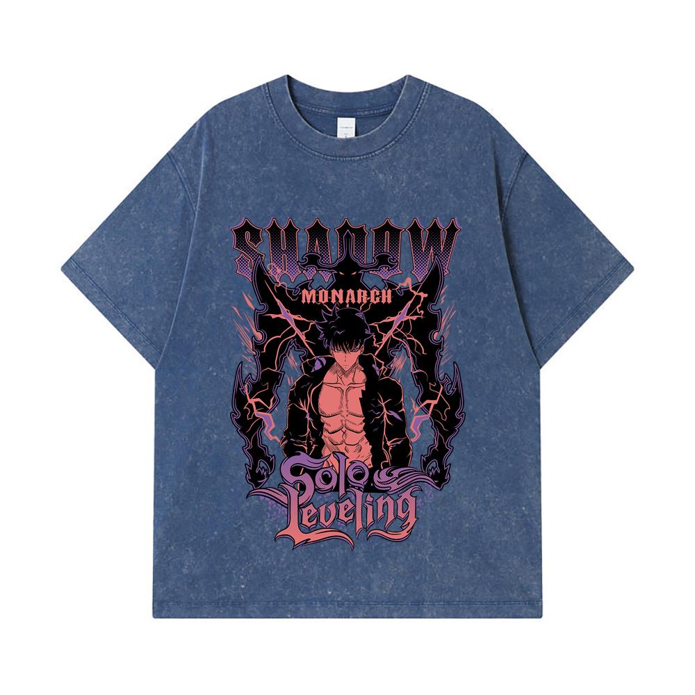 

275 GSM Washed T-shirts 100% Cotton Solo Leveling V3 Shadow Monarch Print Unisex Heavy Cotton T Shirt 2XL королівський синій колір