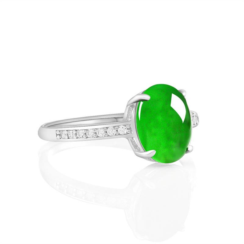 S925 Silver Adjustable Women's Ring with Natural Grade A Bright Green Jade Cabochon