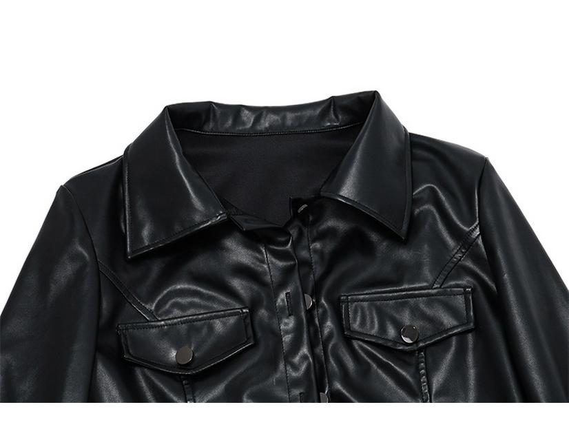 European-American Motorcycle Style Crop Top: Turn-Down Collar, Long Sleeve Jacket for Autumn/Winter Fashion.