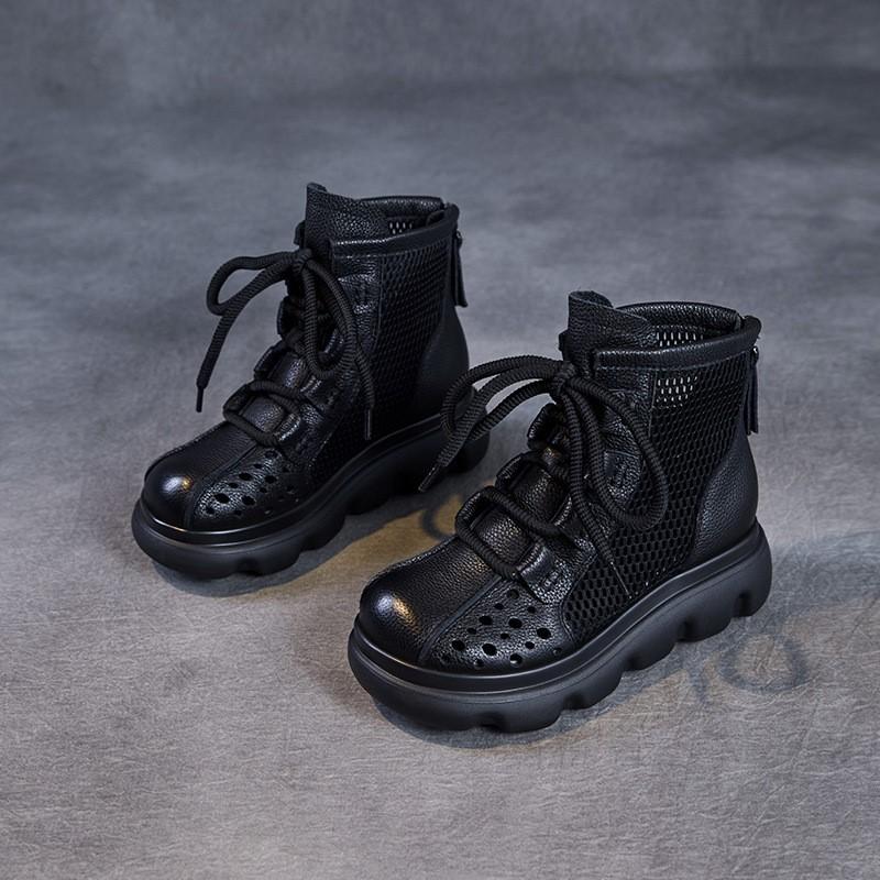 Johnature Echtes Leder Ausgestanzte Kurze Stiefel Mesh Atmungsaktiv Dicksohlige Damenschuhe