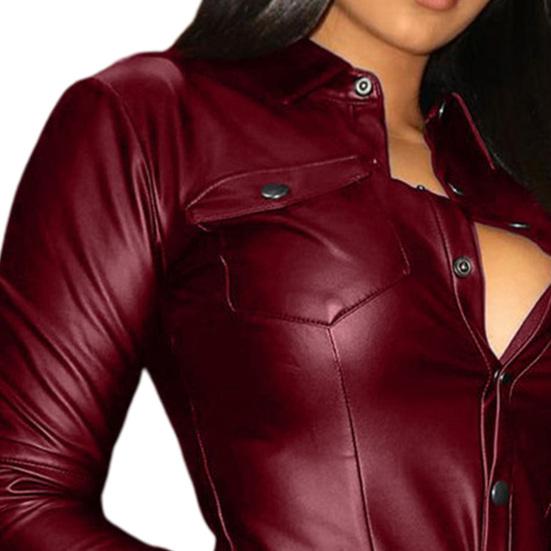 Dámská košile Jednobarevná Slim Faux Kůže Cool Blůza s V výstřihem pro každodenní nošení