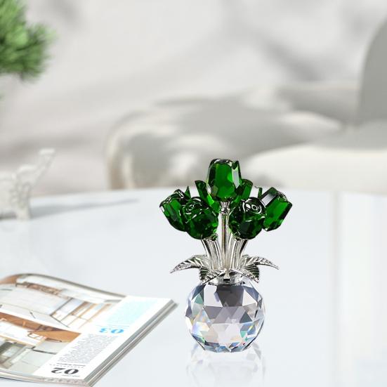 Faux Crystal Rose Flower Ornament Handmade Bouquet Figurine Mini Flower Vase Decoration Wife Girlfriend Women Wedding Anniversary Birthday Gift