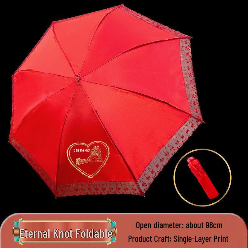 Bright Red Embroidered Bridal Wedding Umbrella with Lace Edge and Long Handle