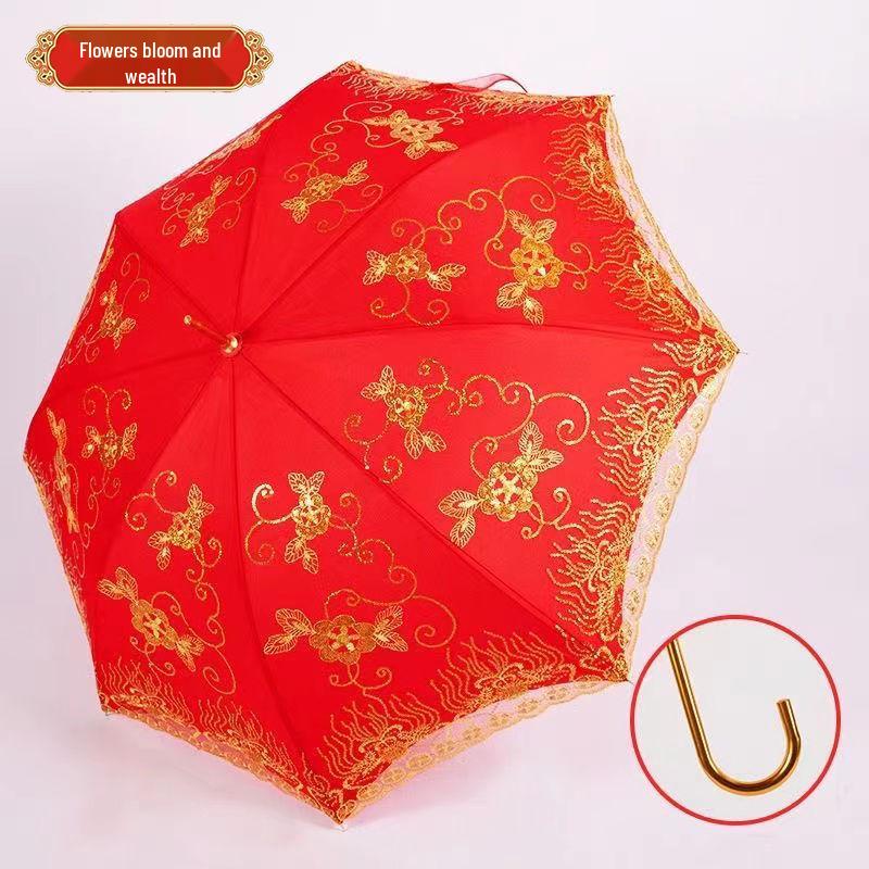 Eleganter roter Brautschirm mit gestickter Spitzkante und langem Griff für Hochzeiten