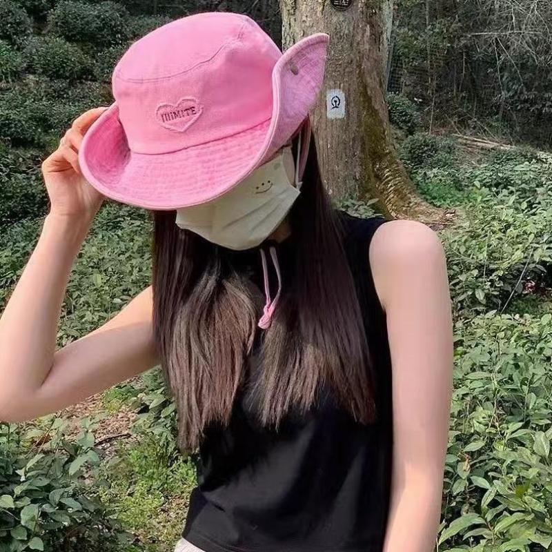 Retro Washed Love Cowboy Bucket Hats Women Spring Summer Outdoor Frenulum Sun Protection Sweet Pink Sun Hat Fisherman Caps