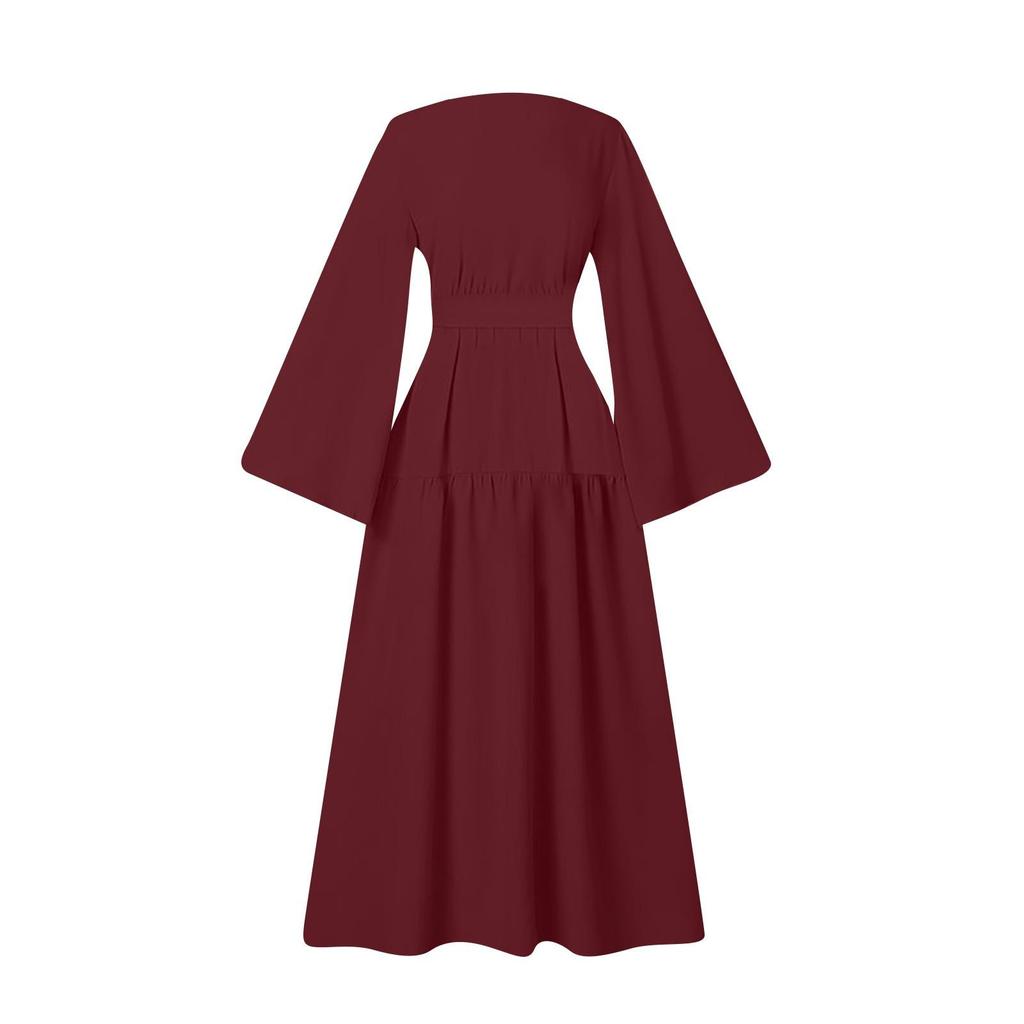 Muslimische Damen Urlaub Casual Ausgestellte Ärmel Mit Gürtel Saum Lange Kleider