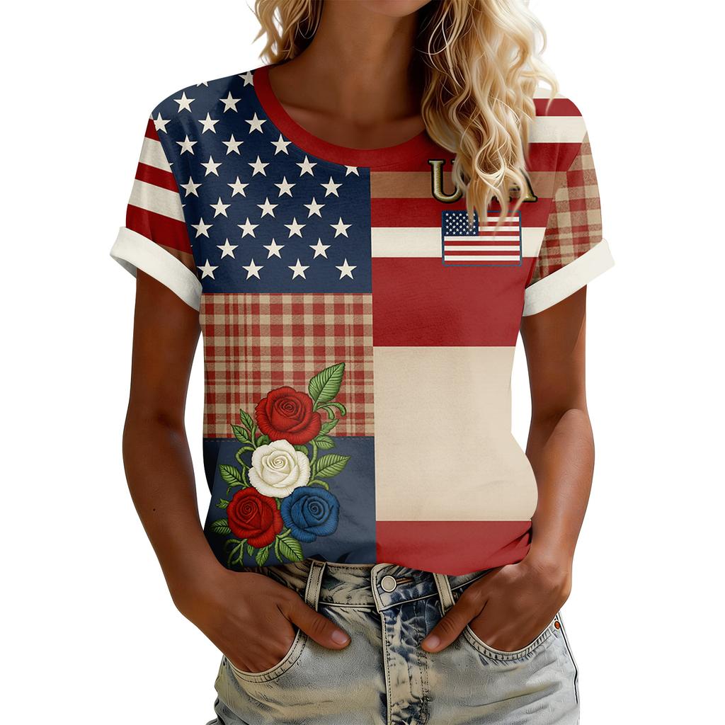 Women's American Floral Patchwork Print Casual T-Shirt 250Th Anniversary USA Shirt Patriotic Tshirt