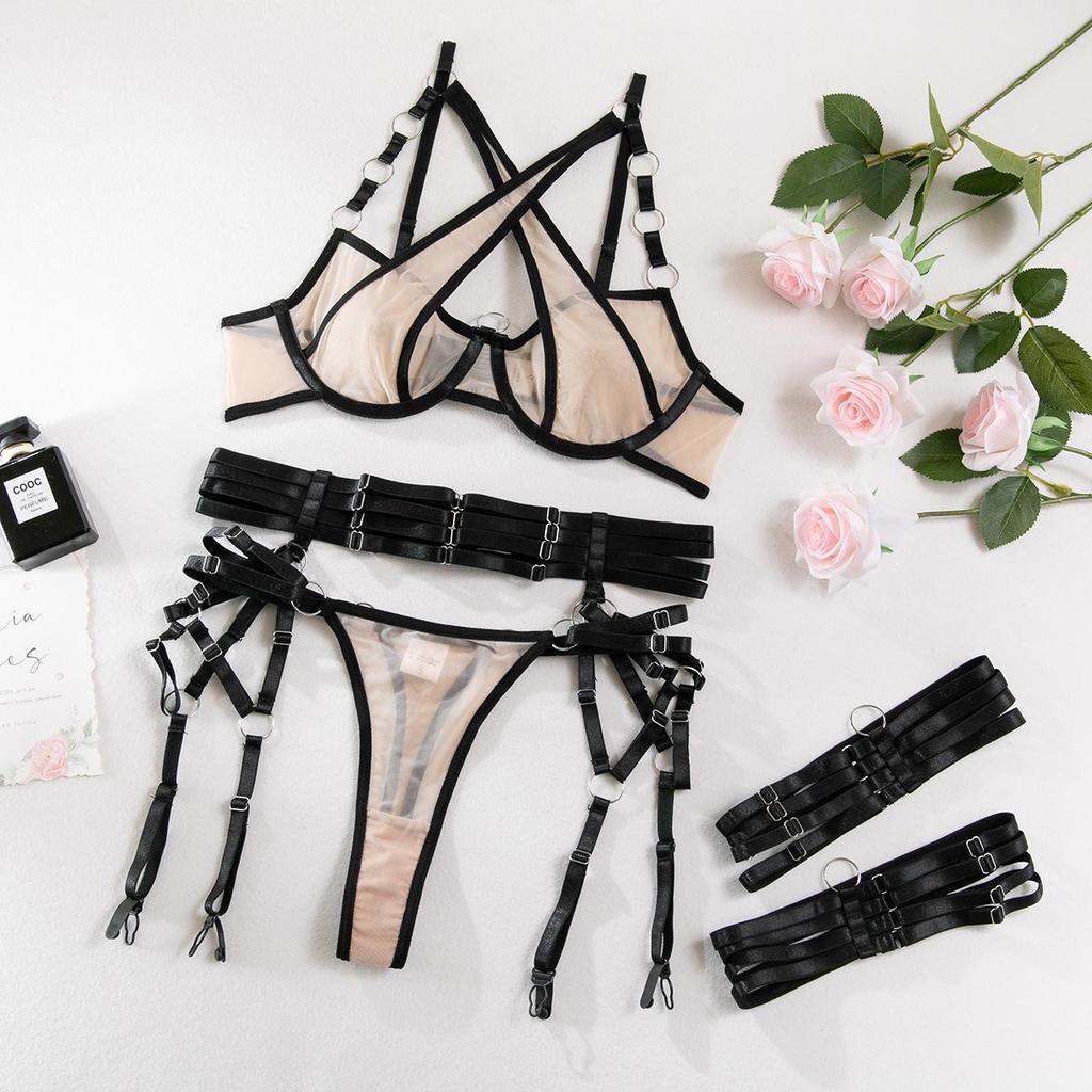 European & American Mesh Strappy Underwire Push-up Lingerie Set with Metal Ring & Bandage Waist Cincher
