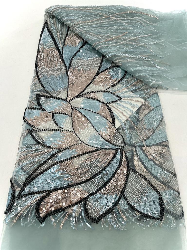 Latest African Beaded Lace Net Fabric 3 Yards 2025 High Quality Nigerian Wedding Material Luxury Sequins Beads Fabric for Sewing