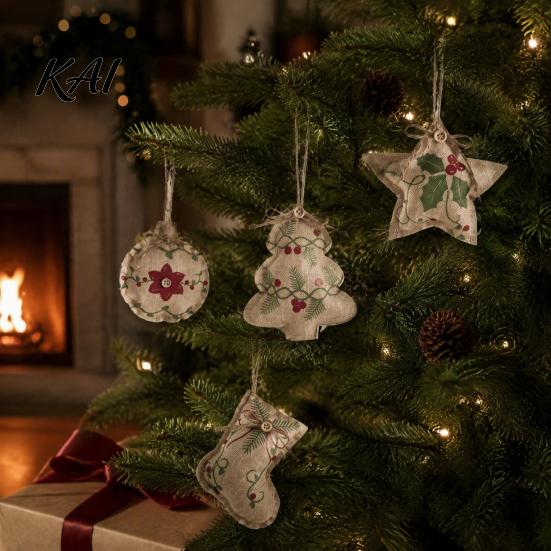 Festive Garland Hanging Supplies Burlap Christmas Ornaments, Rustic Linen Fabric Decoration, Tree Ball Stocking Decorative Ornaments for Star
