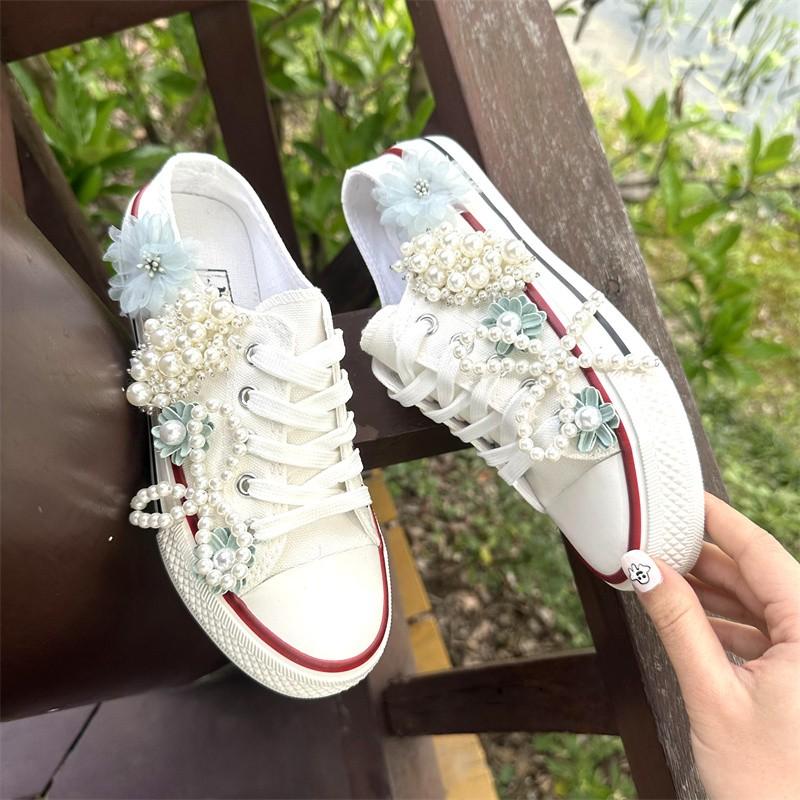 Fashion Girls Canvas Shoes Women's Spring/Autumn Casual Shoes Pearl Flower Fashion Flat Ribbon Lace-up Comfortable Vulcanized Shoes