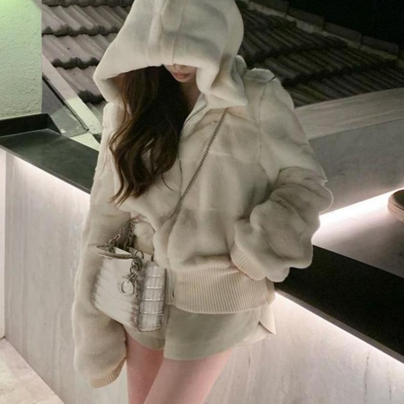 

Зимняя новая имитация норкового меха, знаменитость, кожа, женское короткое с капюшоном, утолщенное изысканное легкое пушистое пальто XL