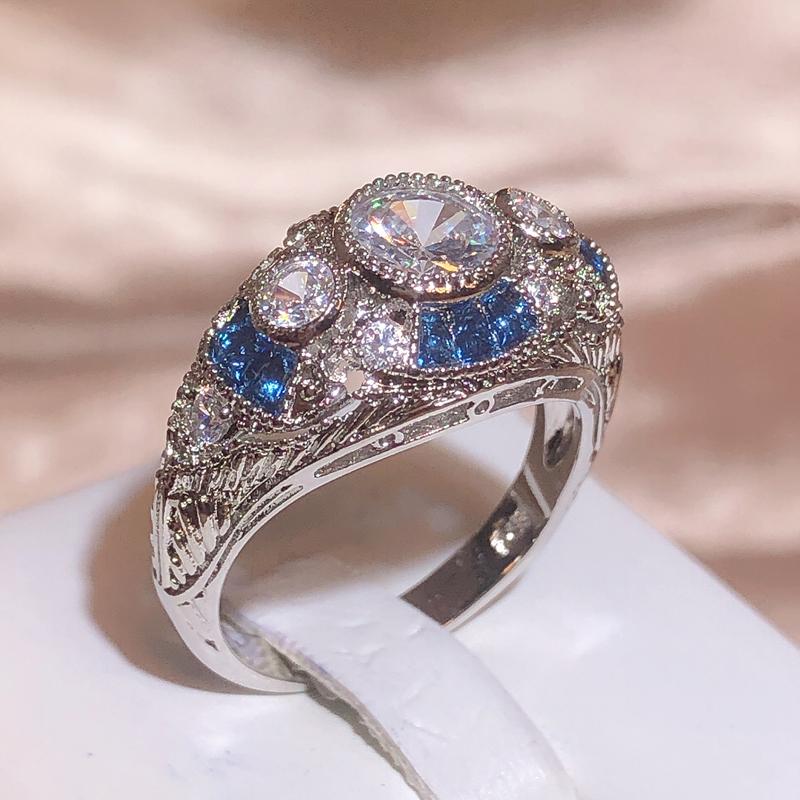 New Fashion Woman Man Party Wedding Gift Luxury Oval White Blue Topaz Zircon 18KT White Gold Ring