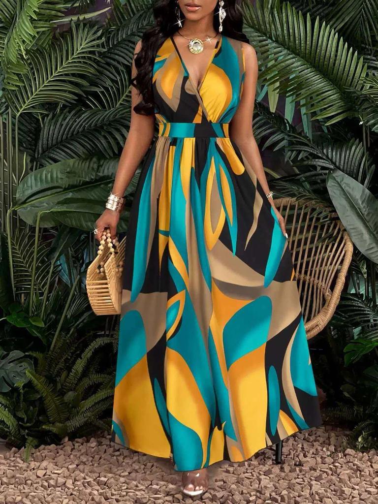 Women's Elegant Tropical Print V-neck Long Dress
