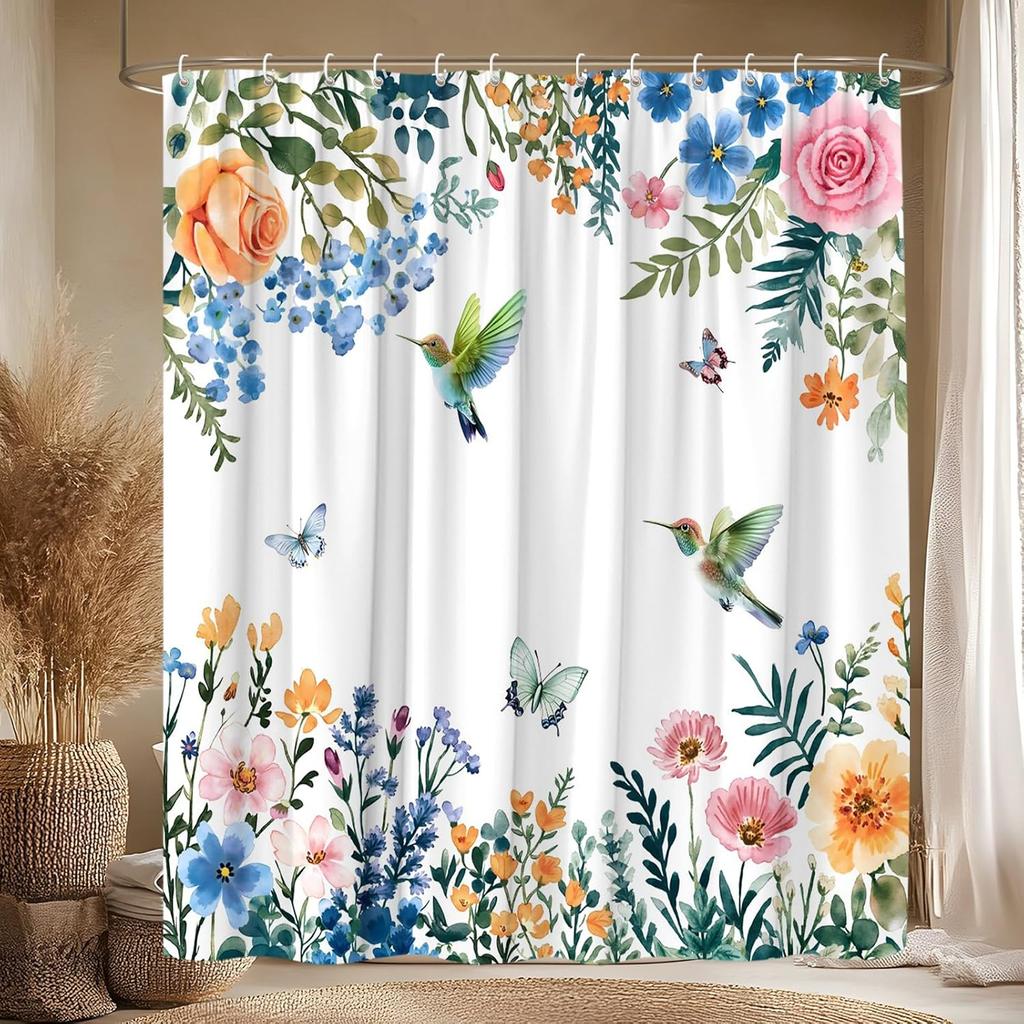 Watercolor Flower Hummingbird Shower Curtain Spring Bird Butterfly Wisteria Rose Floral Plant Nature Modern Bathroom Decor Polyester Curtains with