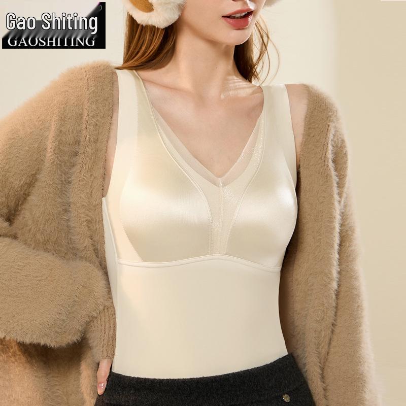 Women's Seamless Silk Lace Vest with Built-in Bra - Plus Velvet, Brushed for Warmth - Perfect for Autumn and Winter